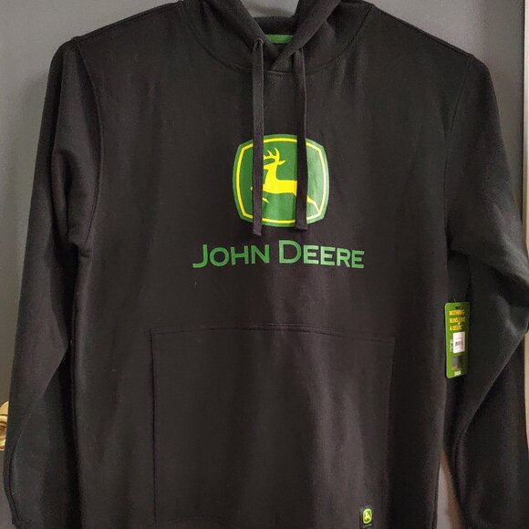 John Deere Black Hoodie Pullover Unisex Small Green Yellow Logo Front Pockets - Picture 1 of 9
